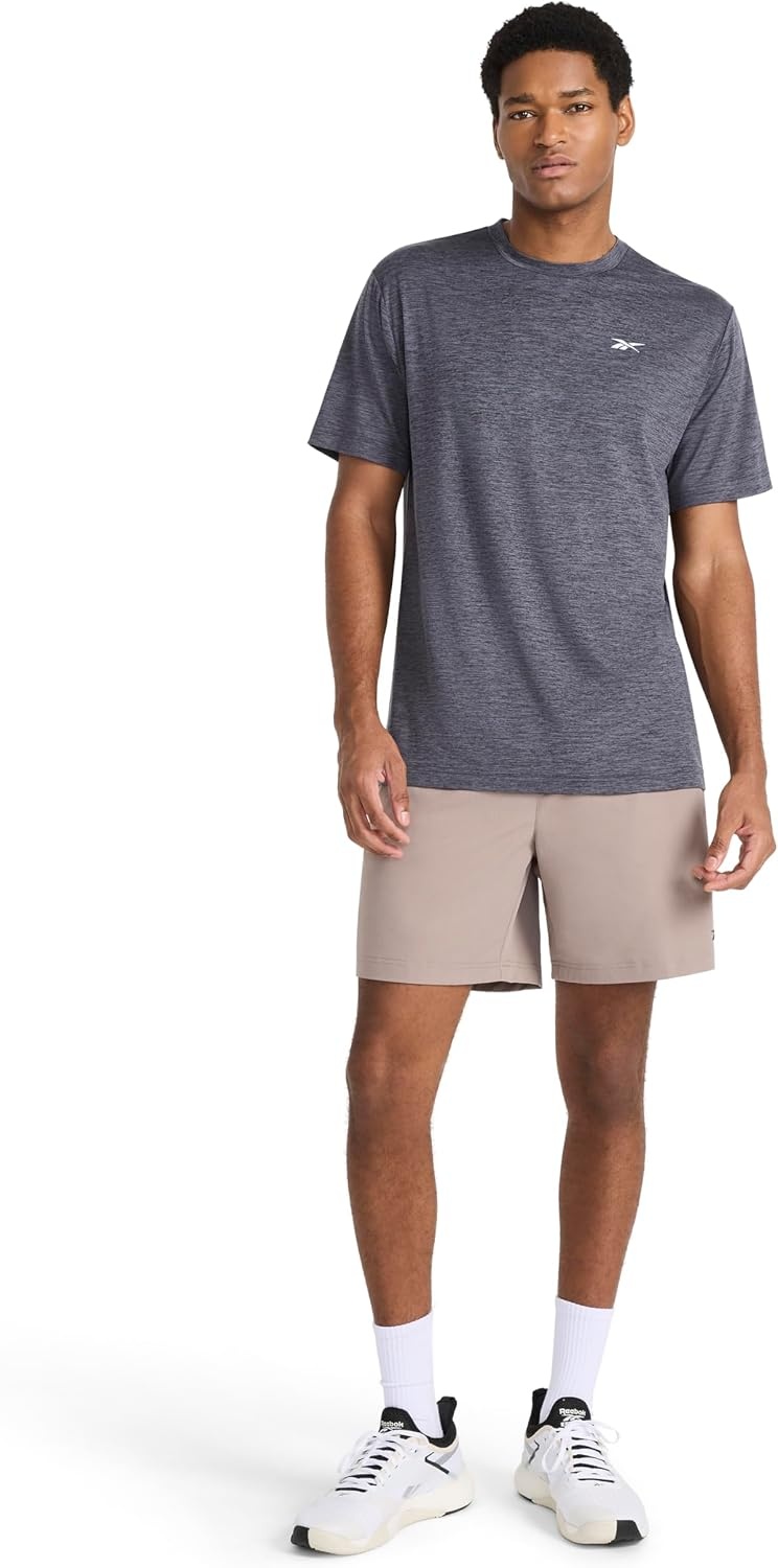 image:imageReebok Mens Strike Short Sleeve Crewneck TShirt Standard Fit Lightweight Stretch Poly Jersey FabricEbony Heather