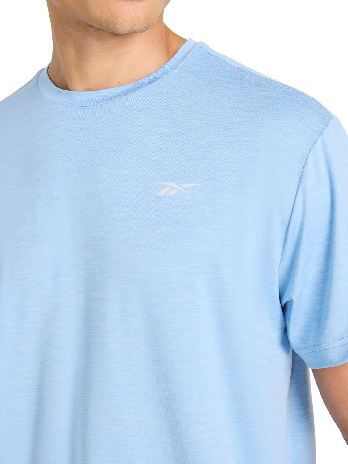 image:imageReebok Mens Strike Short Sleeve Crewneck TShirt Standard Fit Lightweight Stretch Poly Jersey FabricPlacid Blue Heather