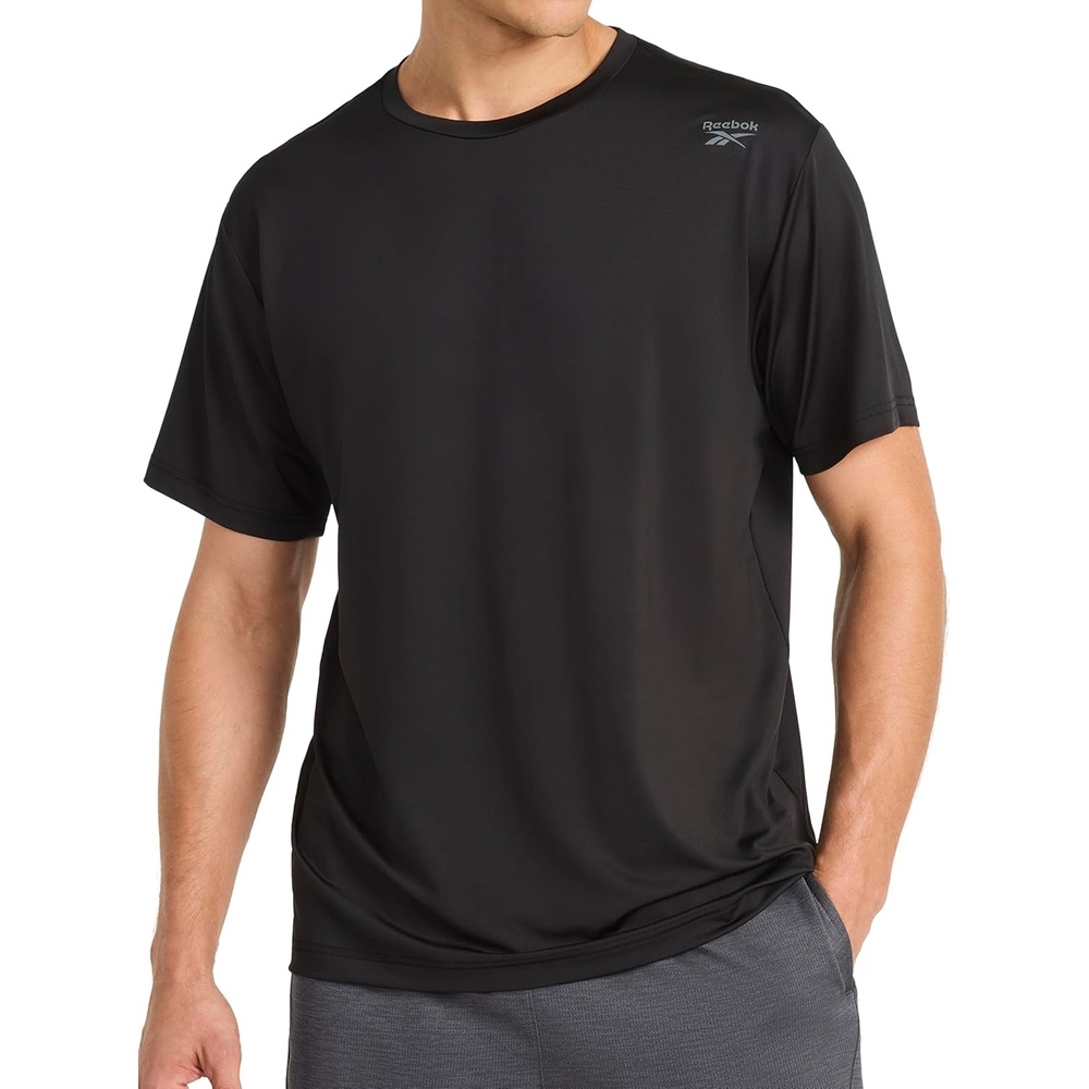 image:imageReebok Mens Reflective Small Logo Crewneck TShirt Standard Fit Lightweight Cool Touch Jersey FabricBlack Bolt Strike