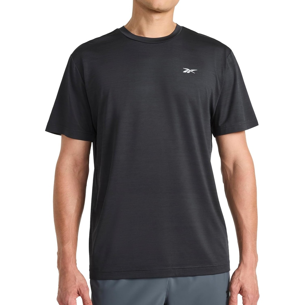 image:imageReebok Mens Reflective Small Logo Crewneck TShirt Standard Fit Lightweight Cool Touch Jersey FabricBlack Heather Lightning