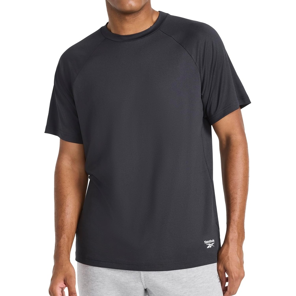 image:imageReebok Mens Reflective Small Logo Crewneck TShirt Standard Fit Lightweight Cool Touch Jersey FabricBlack Heather  Sonic Bolt
