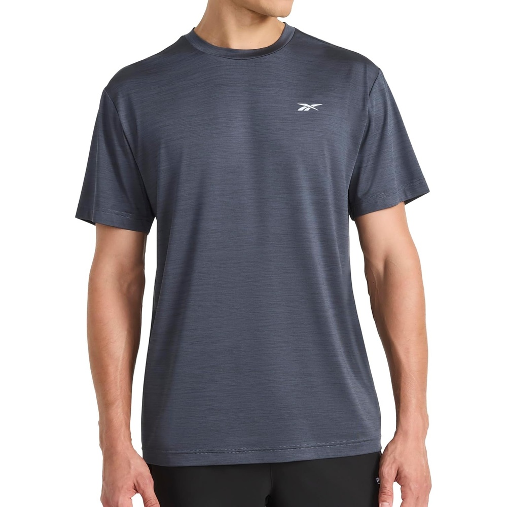 image:imageReebok Mens Reflective Small Logo Crewneck TShirt Standard Fit Lightweight Cool Touch Jersey FabricEbony Heather Lightning