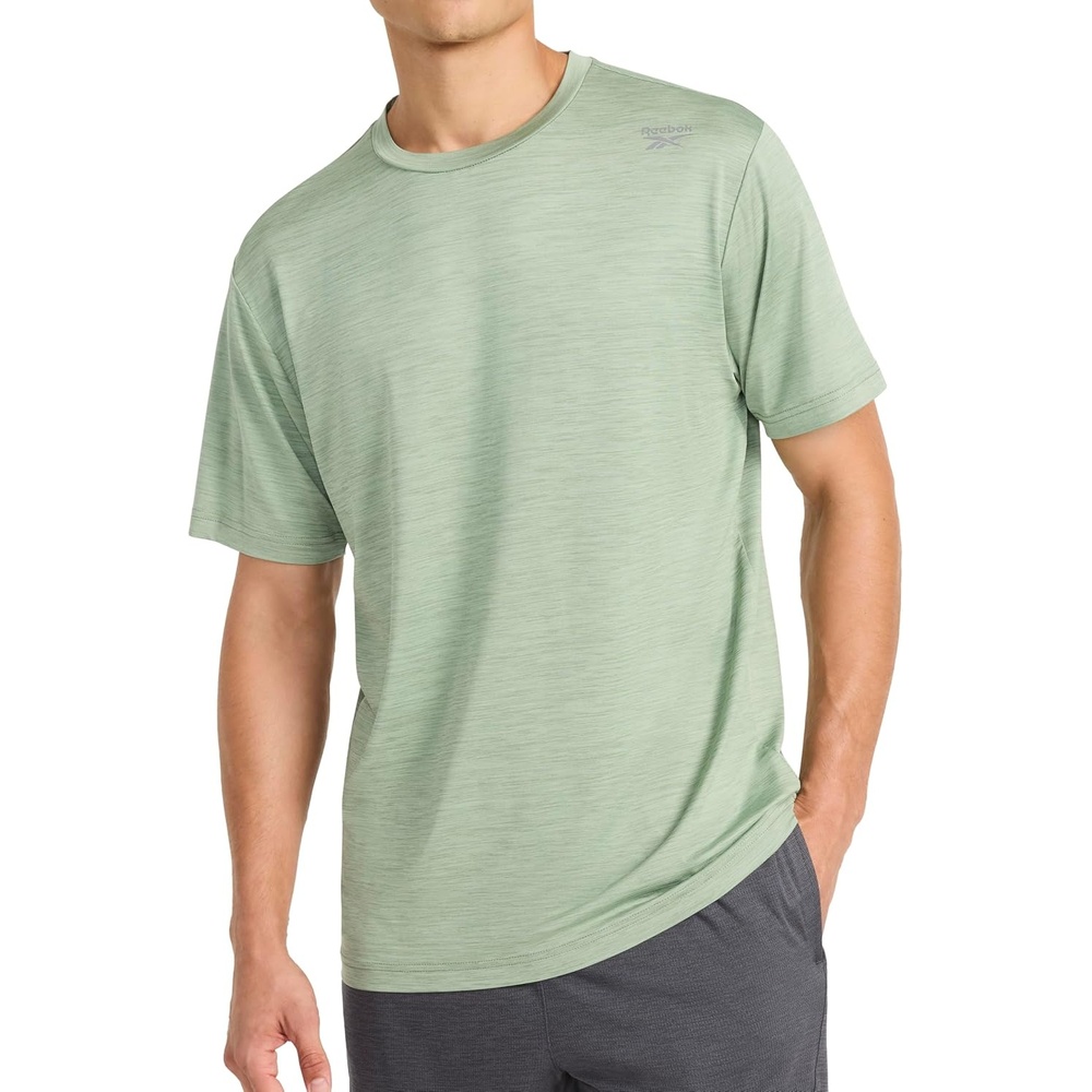 image:imageReebok Mens Reflective Small Logo Crewneck TShirt Standard Fit Lightweight Cool Touch Jersey FabricIceberg Green  Bolt Strike