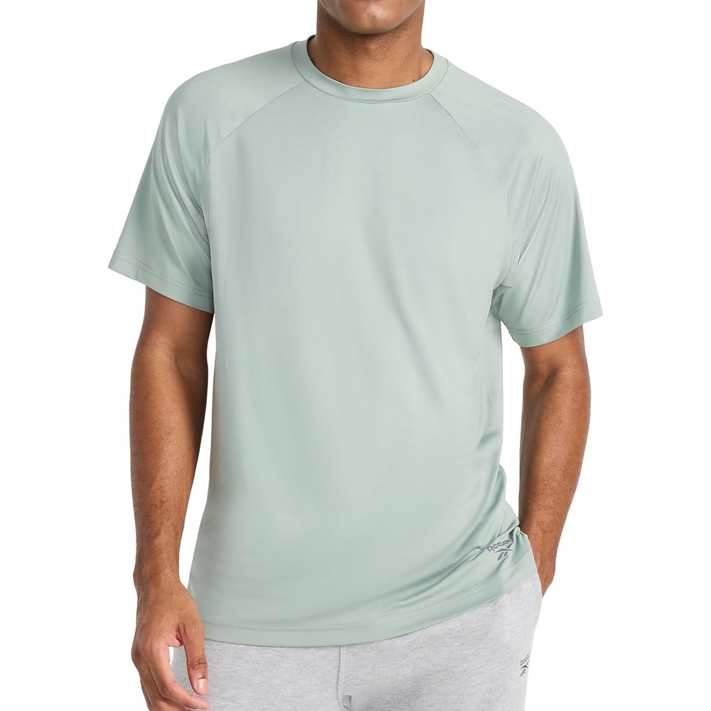 image:imageReebok Mens Reflective Small Logo Crewneck TShirt Standard Fit Lightweight Cool Touch Jersey FabricIceberg Green  Sonic Bolt