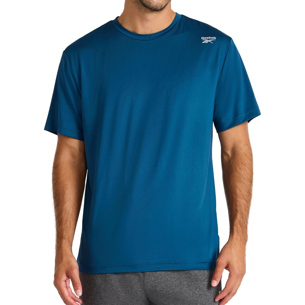 image:imageReebok Mens Reflective Small Logo Crewneck TShirt Standard Fit Lightweight Cool Touch Jersey FabricMajolica Blue Bolt Strike