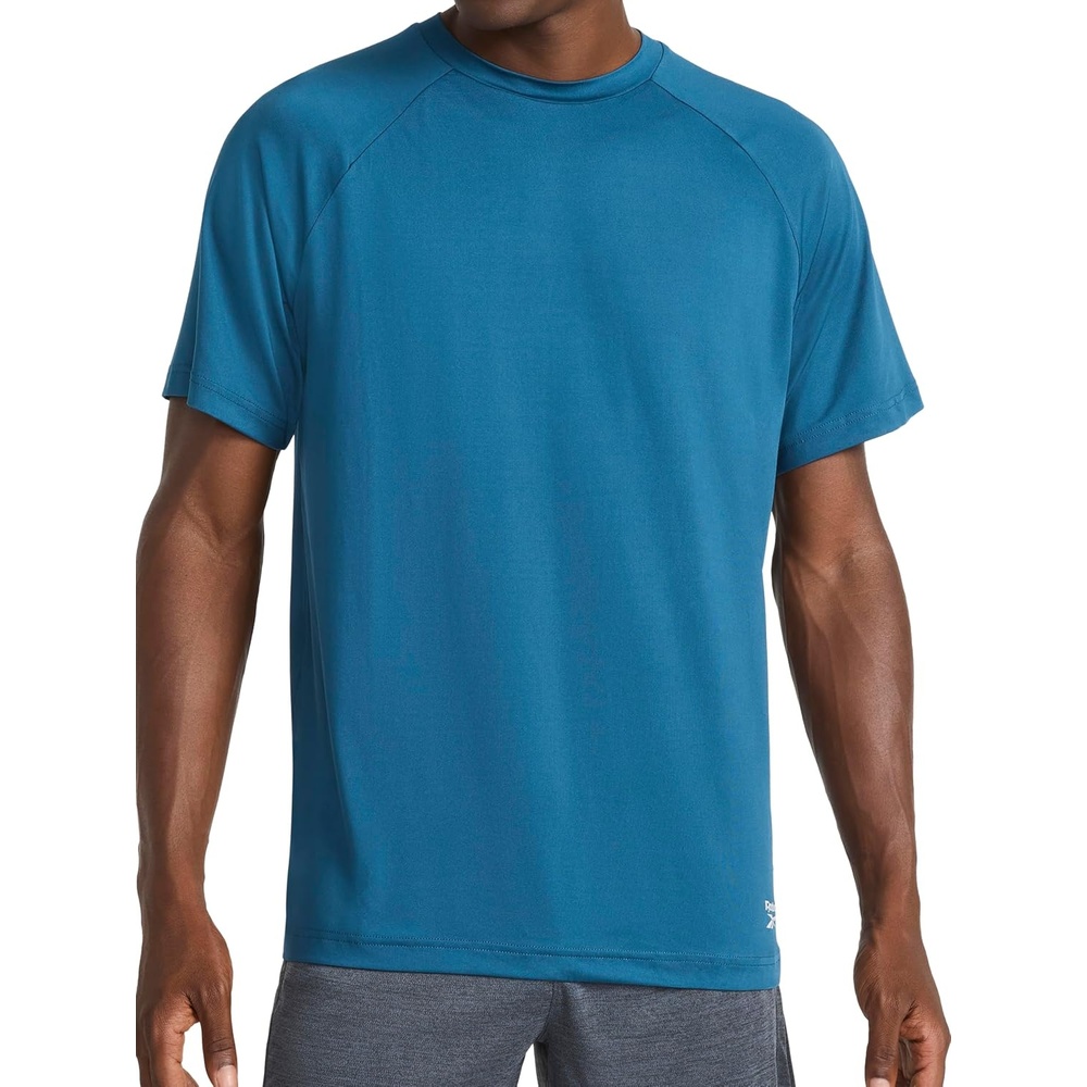 image:imageReebok Mens Reflective Small Logo Crewneck TShirt Standard Fit Lightweight Cool Touch Jersey FabricMajolica Blue Sonic Bolt