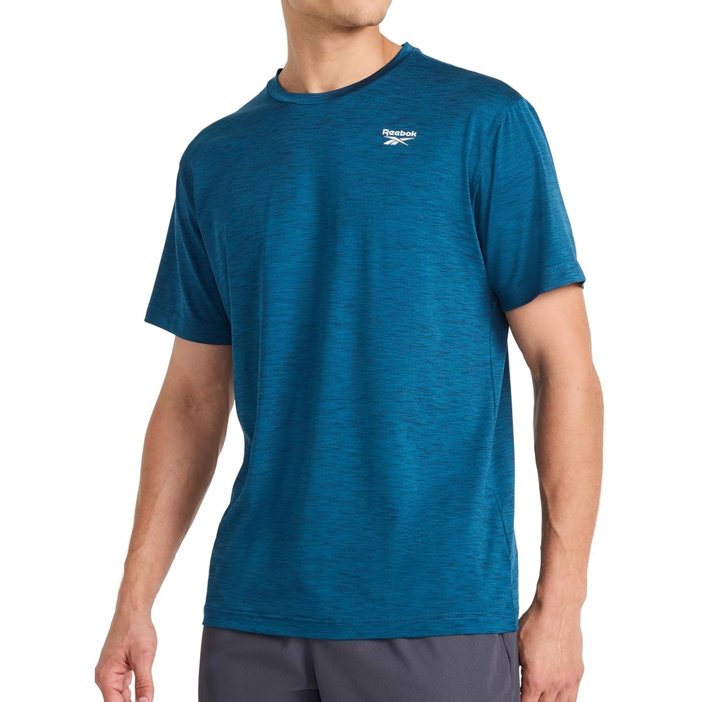 image:imageReebok Mens Reflective Small Logo Crewneck TShirt Standard Fit Lightweight Cool Touch Jersey FabricMajolica Blue Heather Showdown