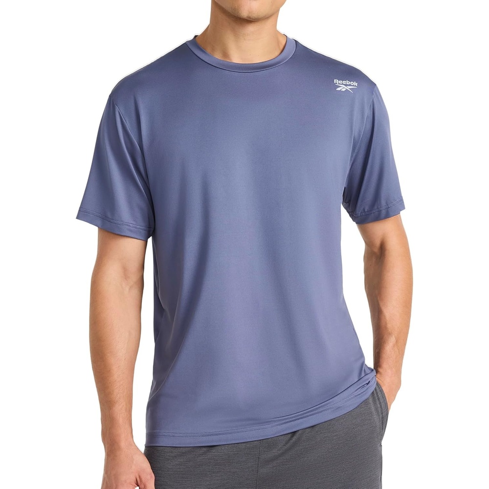 image:imageReebok Mens Reflective Small Logo Crewneck TShirt Standard Fit Lightweight Cool Touch Jersey FabricNightshadow Blue Bolt Strike