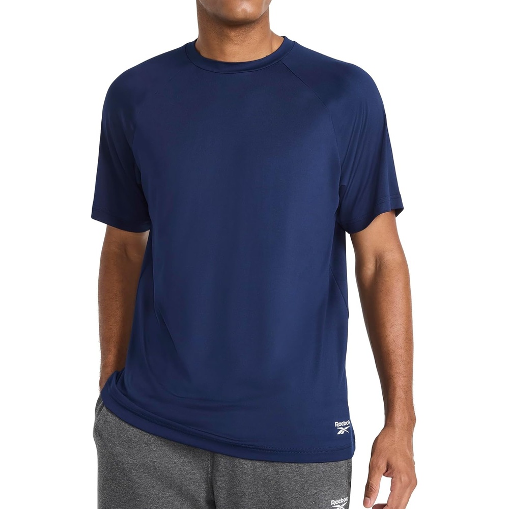 image:imageReebok Mens Reflective Small Logo Crewneck TShirt Standard Fit Lightweight Cool Touch Jersey FabricVector Navy Sonic Bolt