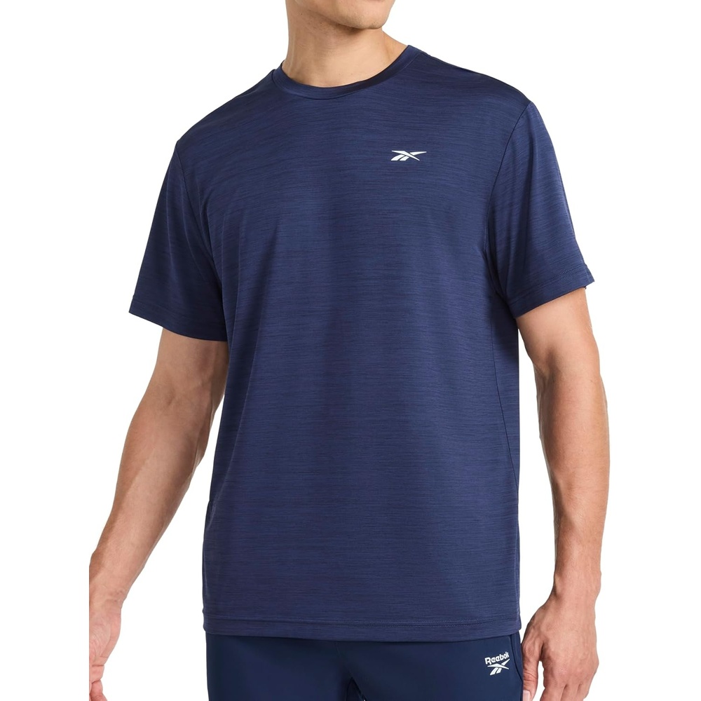 image:imageReebok Mens Reflective Small Logo Crewneck TShirt Standard Fit Lightweight Cool Touch Jersey FabricVector Navy Heather Lightning