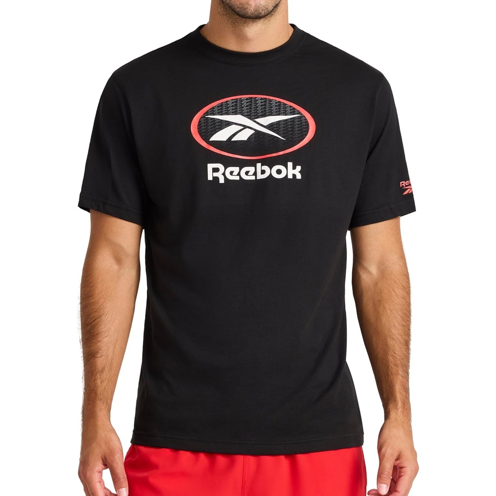 image:imageReebok Mens Short Sleeve Graphic Crewneck TShirt Standard Fit Lightweight CottonPoly FabricBlack  Vertigo