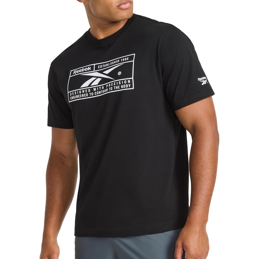 image:imageReebok Mens Short Sleeve Graphic Crewneck TShirt Standard Fit Lightweight CottonPoly FabricBlackStark White Locker