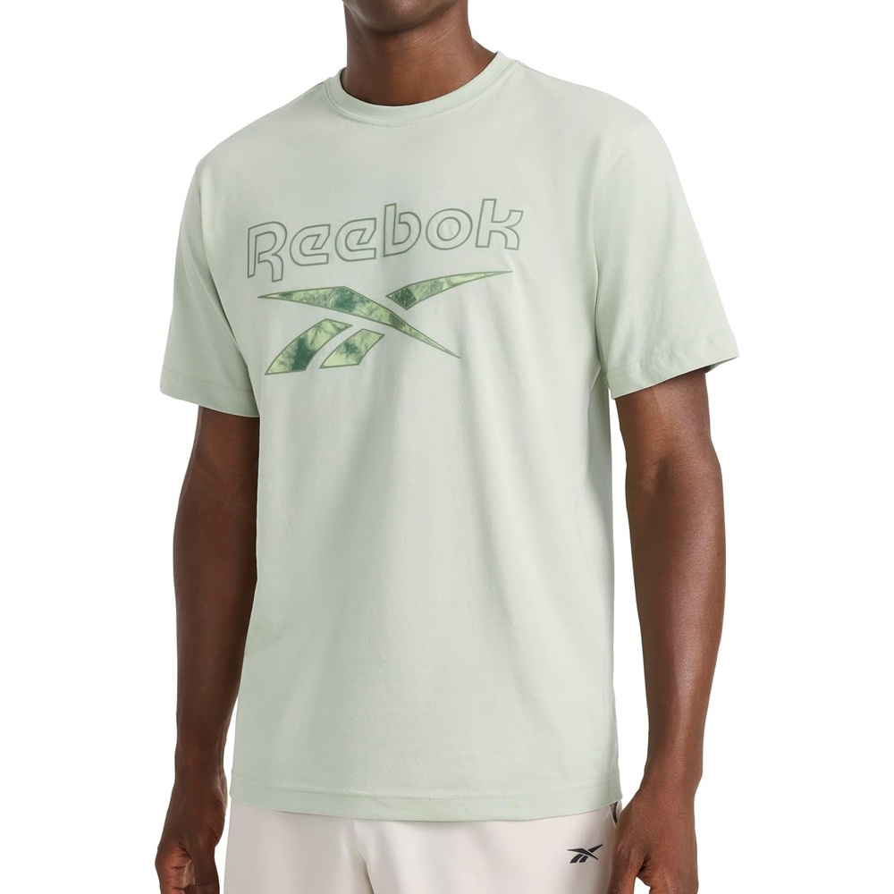 image:imageReebok Mens Short Sleeve Graphic Crewneck TShirt Standard Fit Lightweight CottonPoly FabricDesert Sage Aether