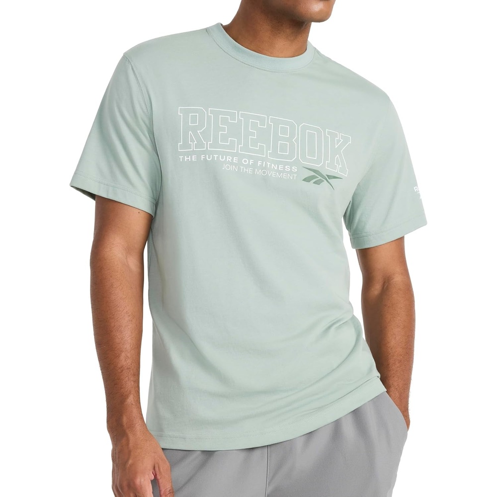 image:imageReebok Mens Short Sleeve Graphic Crewneck TShirt Standard Fit Lightweight CottonPoly FabricIceberg Green Intersect