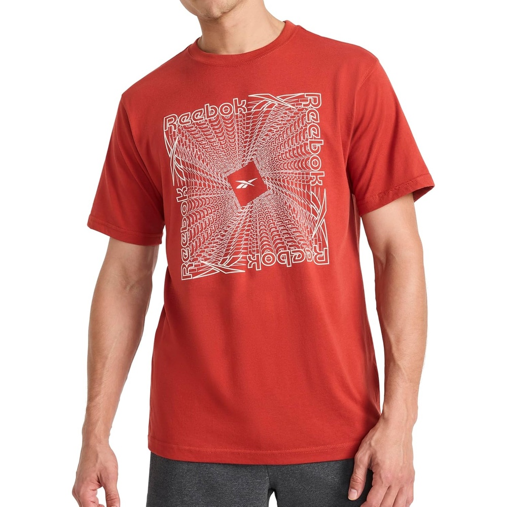 image:imageReebok Mens Short Sleeve Graphic Crewneck TShirt Standard Fit Lightweight CottonPoly FabricRed Ochre  Vortex