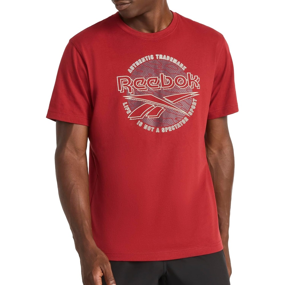 image:imageReebok Mens Short Sleeve Graphic Crewneck TShirt Standard Fit Lightweight CottonPoly FabricRetro Red Meridian