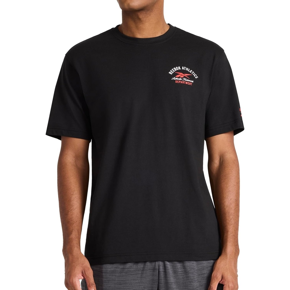 image:imageReebok Mens Small Logo Crewneck TShirt Standard Fit Lightweight CottonPoly Jersey FabricBlack Athletics Dept