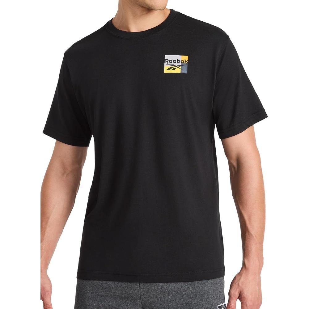 image:imageReebok Mens Small Logo Crewneck TShirt Standard Fit Lightweight CottonPoly Jersey FabricBlack Bebop