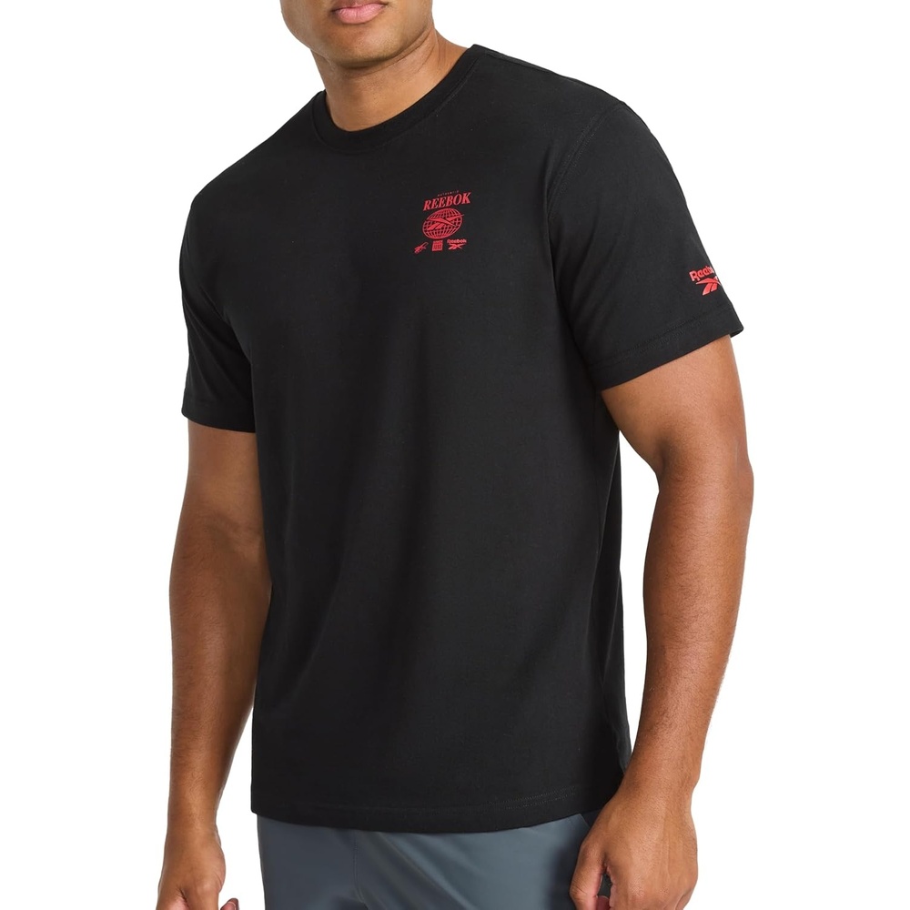image:imageReebok Mens Small Logo Crewneck TShirt Standard Fit Lightweight CottonPoly Jersey FabricBlack Globe