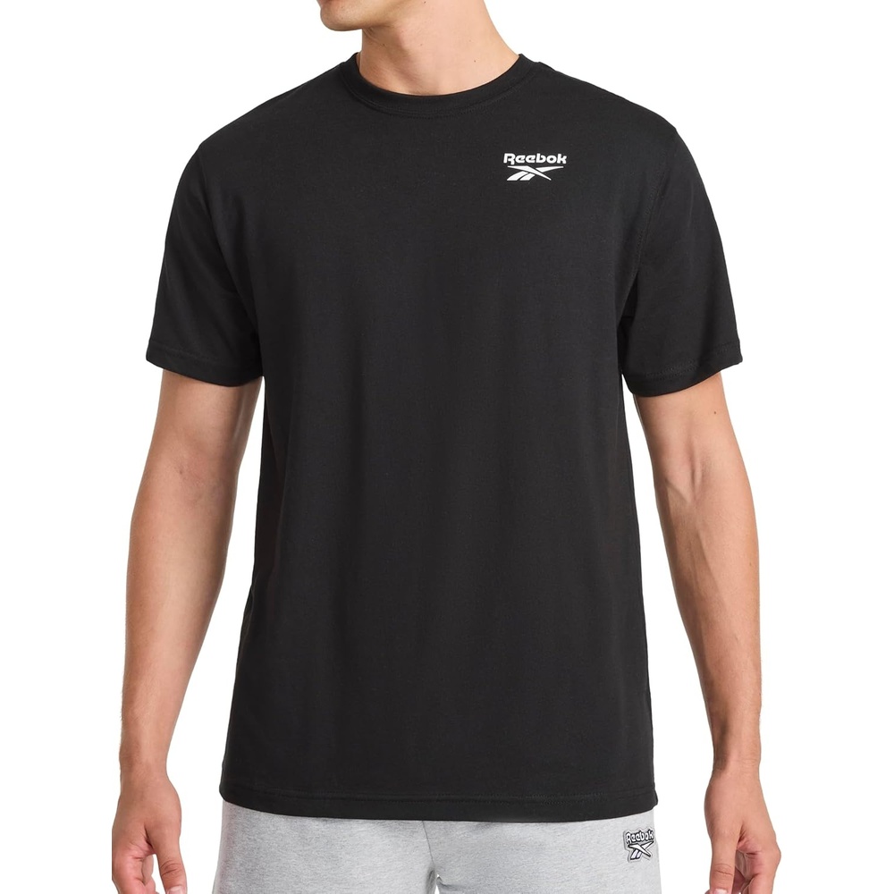 image:imageReebok Mens Small Logo Crewneck TShirt Standard Fit Lightweight CottonPoly Jersey FabricBlack Peak