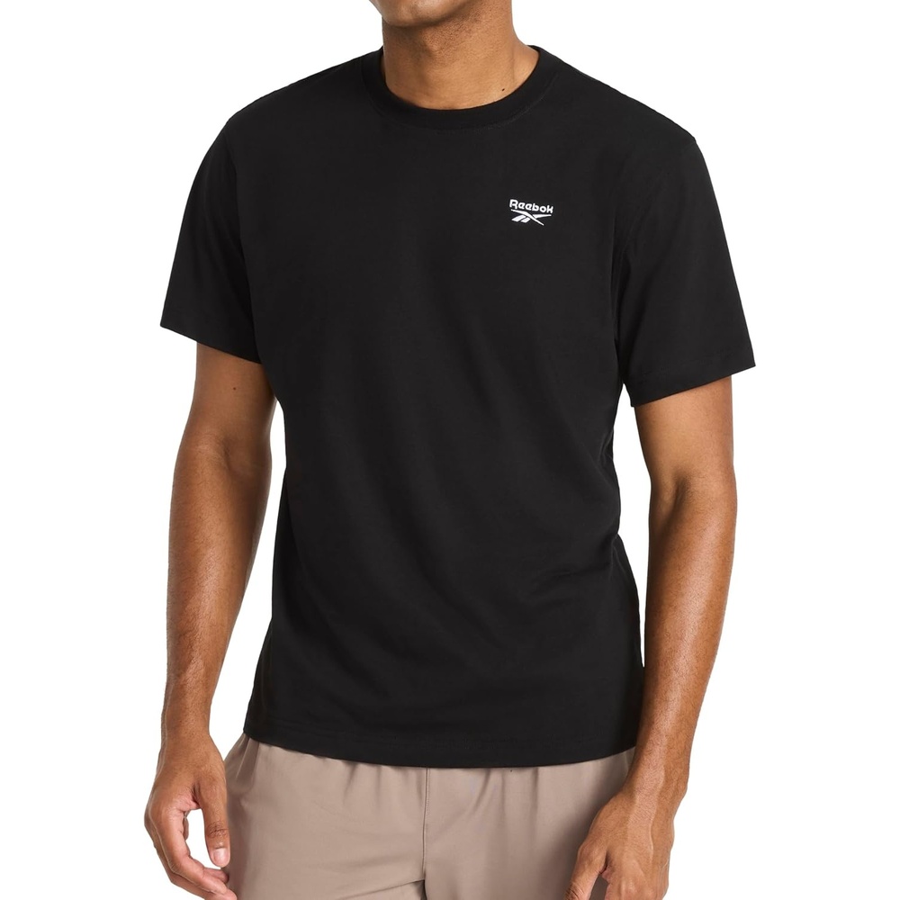 image:imageReebok Mens Small Logo Crewneck TShirt Standard Fit Lightweight CottonPoly Jersey FabricBlackStark White Embroidery