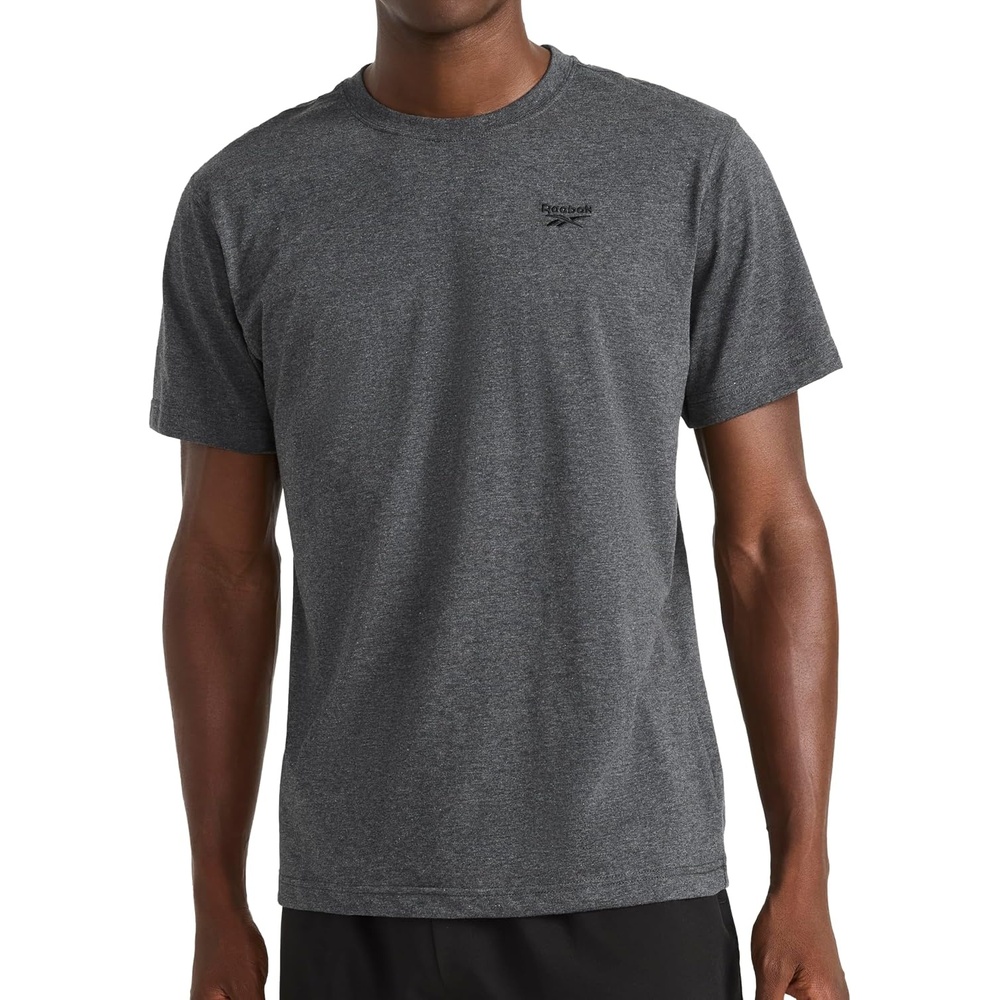 image:imageReebok Mens Small Logo Crewneck TShirt Standard Fit Lightweight CottonPoly Jersey FabricCharcoal Heather Embroidery