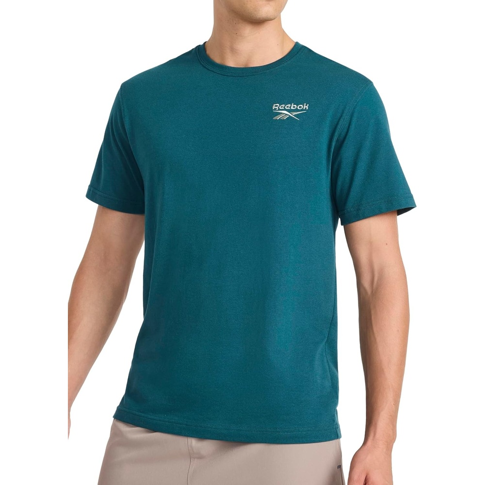 image:imageReebok Mens Small Logo Crewneck TShirt Standard Fit Lightweight CottonPoly Jersey FabricDeep Teal Small Embroidery