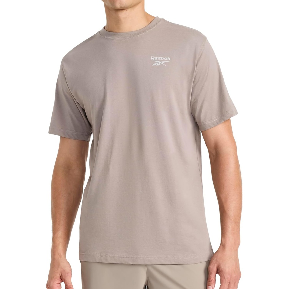 image:imageReebok Mens Small Logo Crewneck TShirt Standard Fit Lightweight CottonPoly Jersey FabricDriftwood Proto