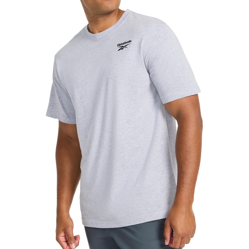 image:imageReebok Mens Small Logo Crewneck TShirt Standard Fit Lightweight CottonPoly Jersey FabricGrey Heather Expo