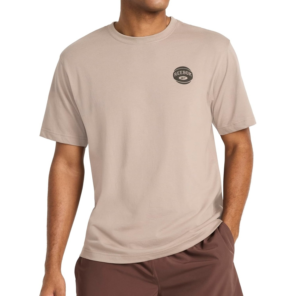 image:imageReebok Mens Small Logo Crewneck TShirt Standard Fit Lightweight CottonPoly Jersey FabricGritty Grey Hooptastic