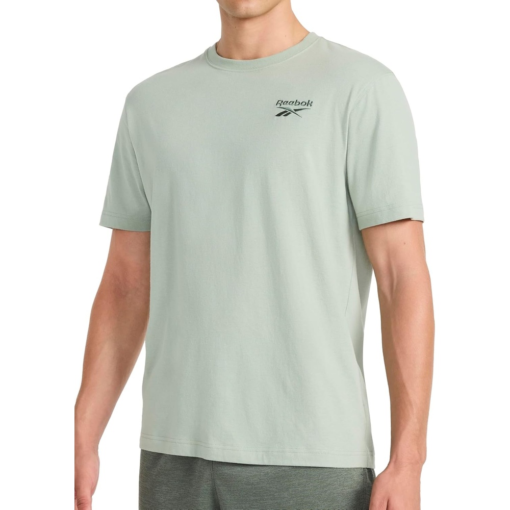 image:imageReebok Mens Small Logo Crewneck TShirt Standard Fit Lightweight CottonPoly Jersey FabricIceberg Green Small Embroidery