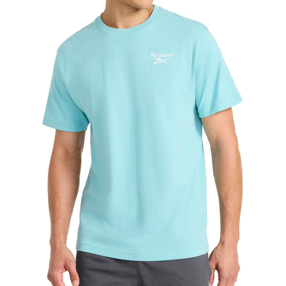 image:imageReebok Mens Small Logo Crewneck TShirt Standard Fit Lightweight CottonPoly Jersey FabricMarine Blue Small Embroidery