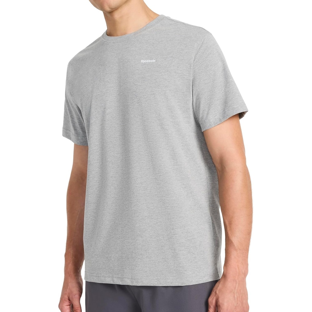 image:imageReebok Mens Small Logo Crewneck TShirt Standard Fit Lightweight CottonPoly Jersey FabricMedium Grey Heather Schematic