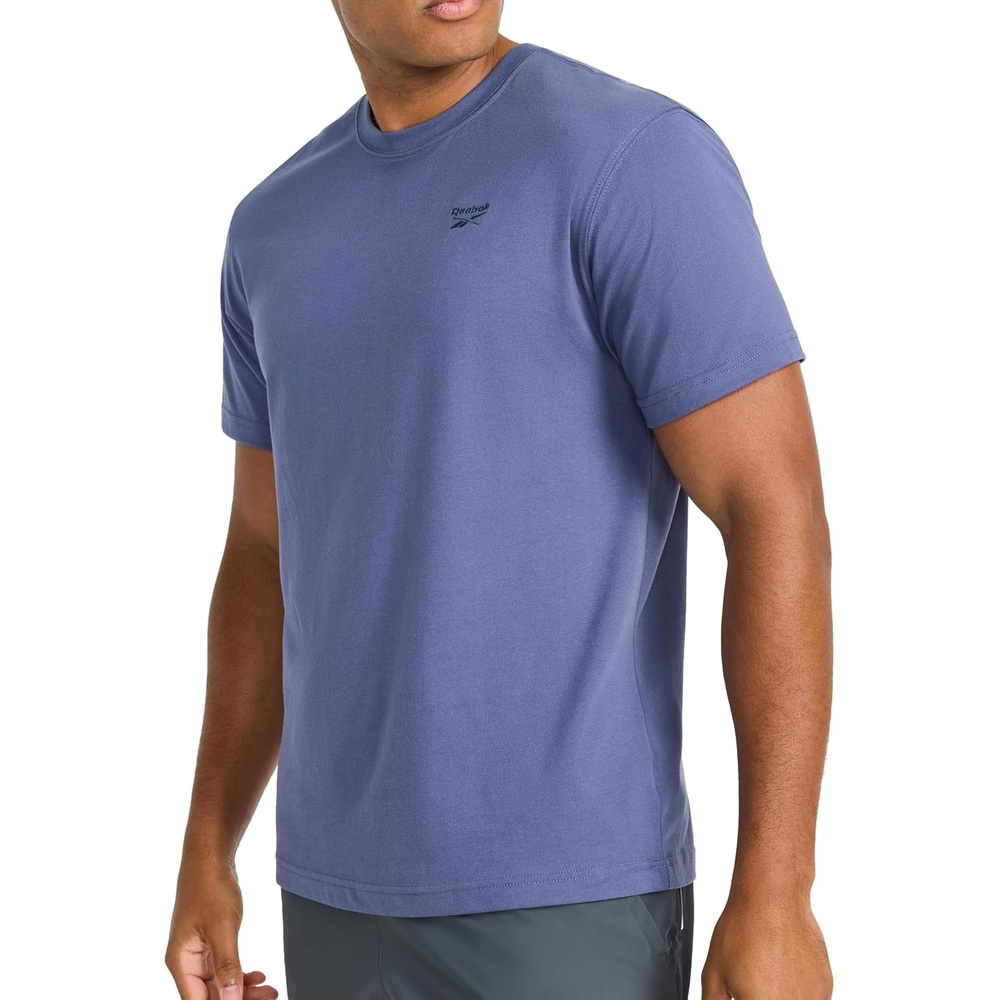 image:imageReebok Mens Small Logo Crewneck TShirt Standard Fit Lightweight CottonPoly Jersey FabricNightshadow Blue Embroidery