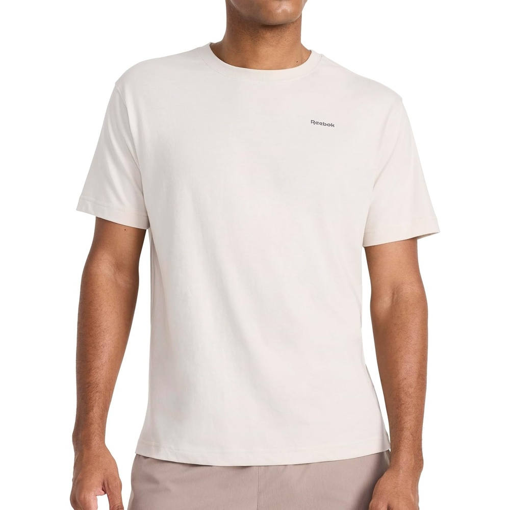 image:imageReebok Mens Small Logo Crewneck TShirt Standard Fit Lightweight CottonPoly Jersey FabricPumice Stone Schematic