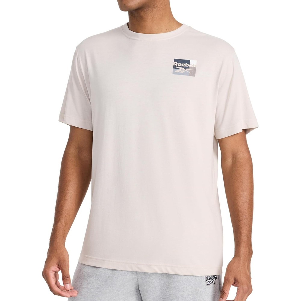 image:imageReebok Mens Small Logo Crewneck TShirt Standard Fit Lightweight CottonPoly Jersey FabricSilver Cloud Bebop
