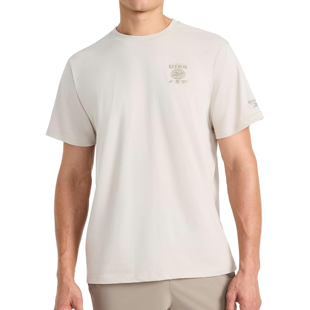 image:imageReebok Mens Small Logo Crewneck TShirt Standard Fit Lightweight CottonPoly Jersey FabricSilver Cloud Globe