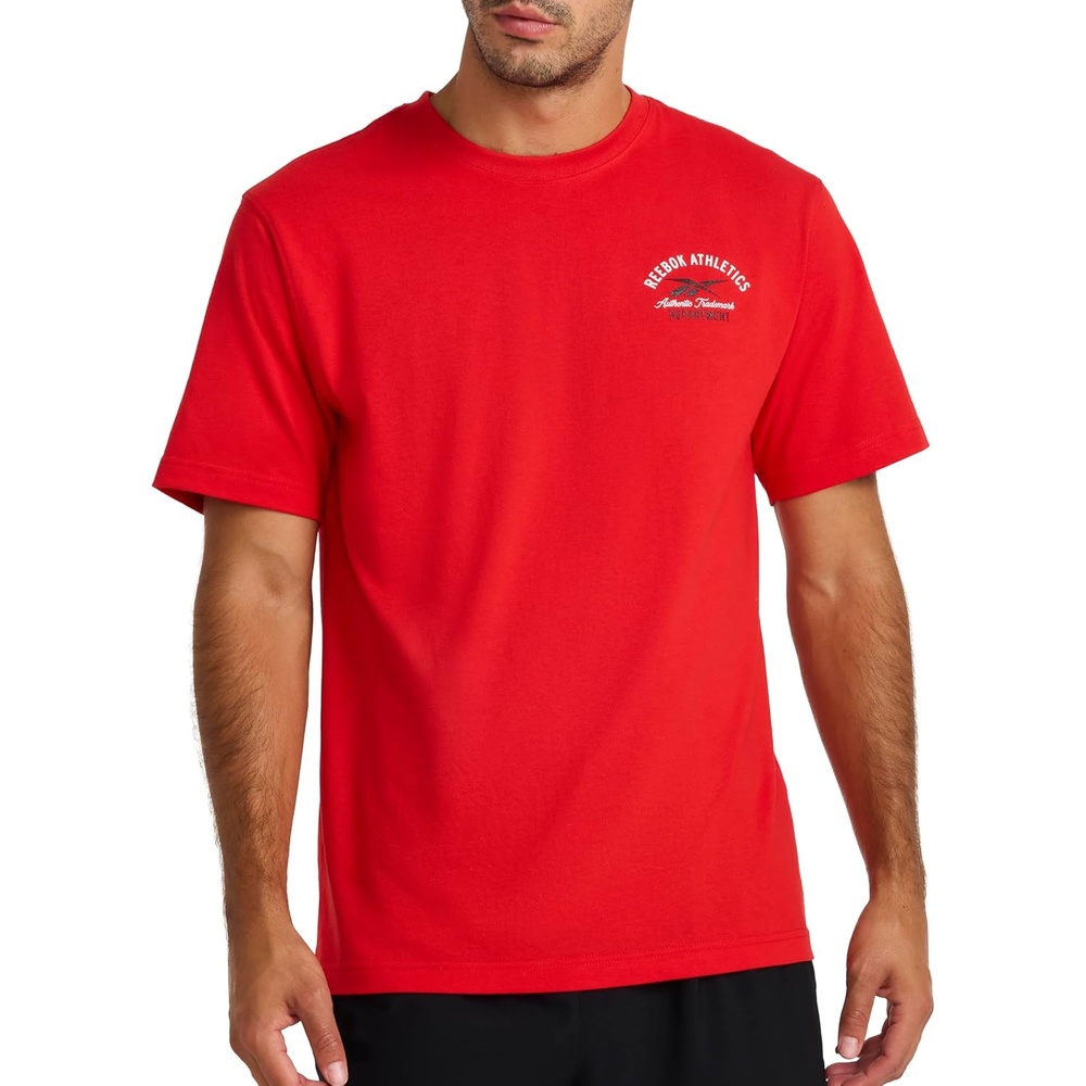 image:imageReebok Mens Small Logo Crewneck TShirt Standard Fit Lightweight CottonPoly Jersey FabricVector Red Athletics Dept