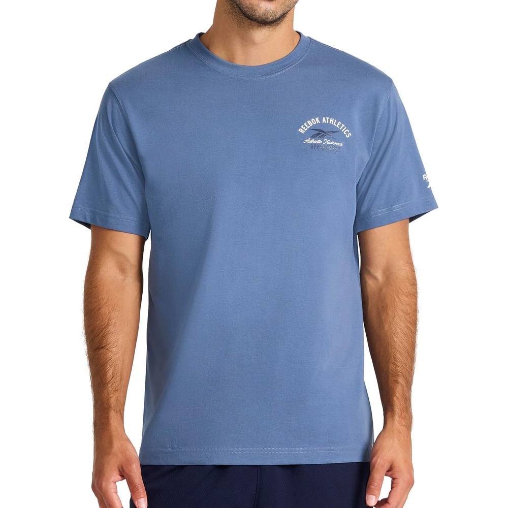 image:imageReebok Mens Small Logo Crewneck TShirt Standard Fit Lightweight CottonPoly Jersey FabricVector Shadow Athletics Dept