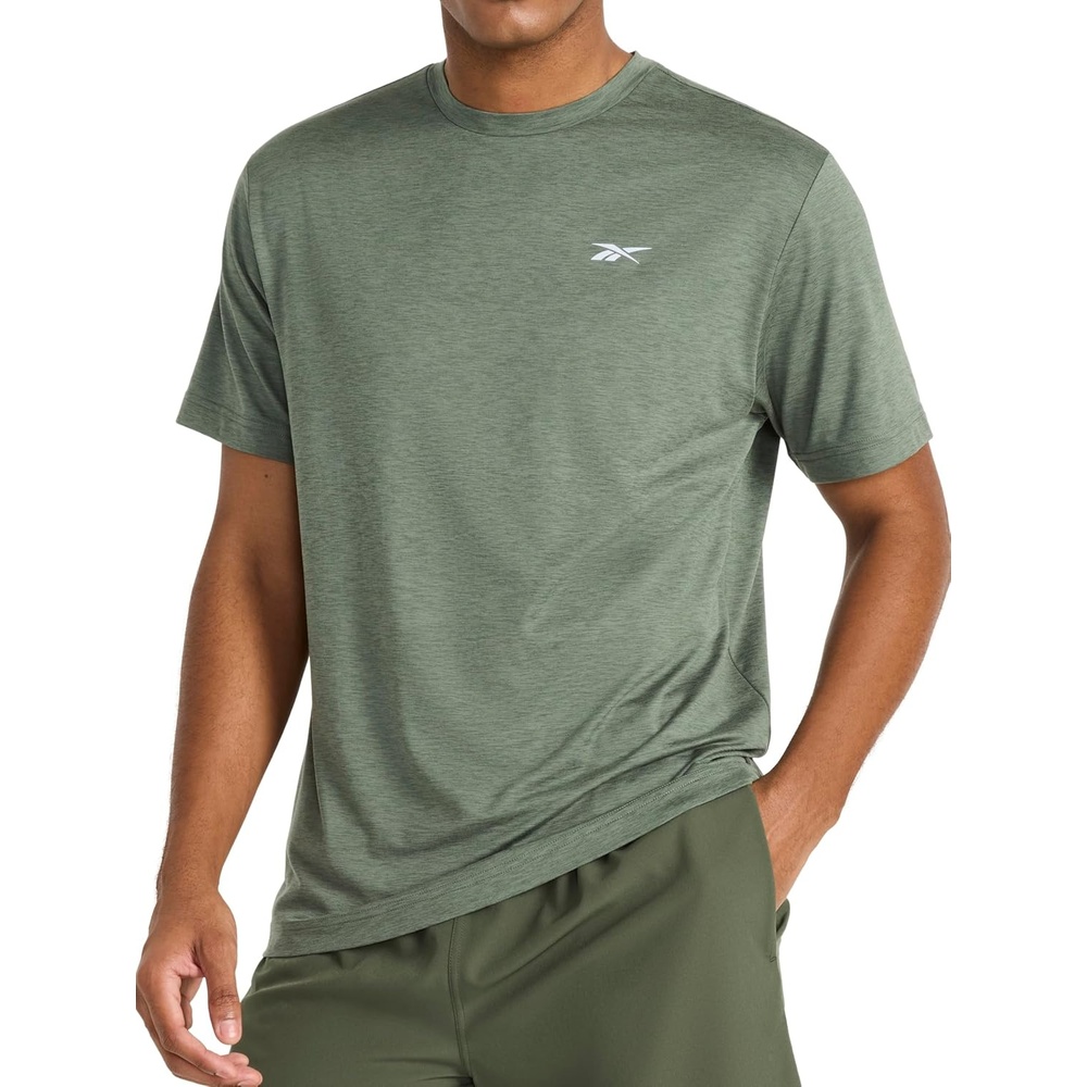 image:imageReebok Mens Strike Short Sleeve Crewneck TShirt Standard Fit Lightweight Stretch Poly Jersey FabricDuck Green Heather