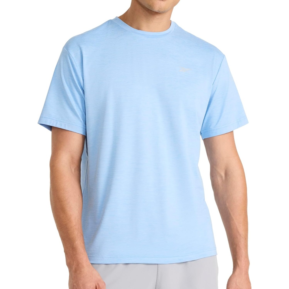 image:imageReebok Mens Strike Short Sleeve Crewneck TShirt Standard Fit Lightweight Stretch Poly Jersey FabricPlacid Blue Heather